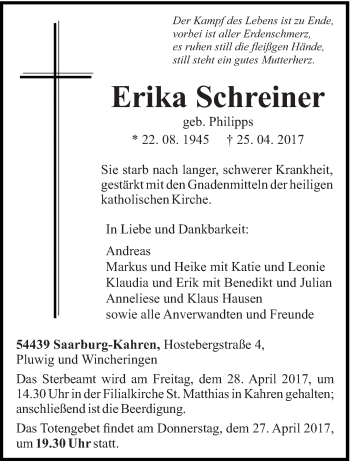 Todesanzeige von Erika Schreiner von trierischer_volksfreund