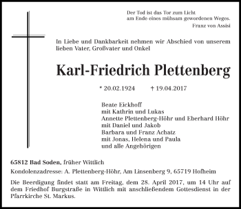 Todesanzeige von Karl-Friedrich Plettenberg von trierischer_volksfreund