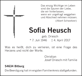 Todesanzeige von Sofia Heusch von trierischer_volksfreund
