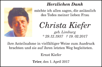 Todesanzeige von Christa Kiefer von trierischer_volksfreund