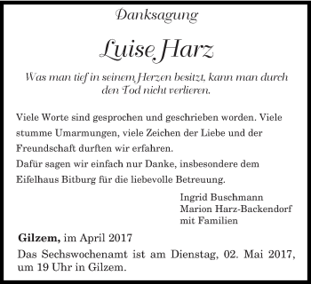 Todesanzeige von Luise Harz von trierischer_volksfreund
