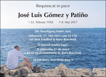 Todesanzeige von Jose Luis Gomez y Patino von trierischer_volksfreund