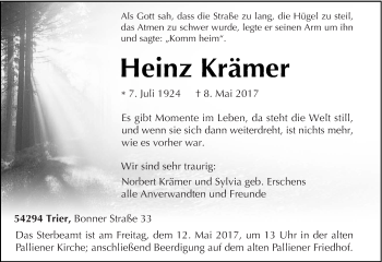 Todesanzeige von Heinz Krämer von trierischer_volksfreund
