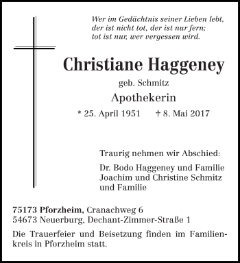 Todesanzeige von Christiane Haggeney von trierischer_volksfreund