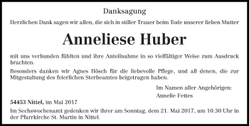 Todesanzeige von Anneliese Huber von trierischer_volksfreund