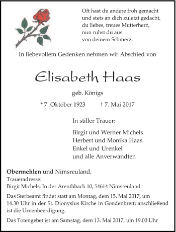 Todesanzeige von Elisabeth Haas von trierischer_volksfreund