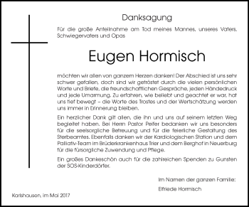 Todesanzeige von Eugen Hormisch von trierischer_volksfreund