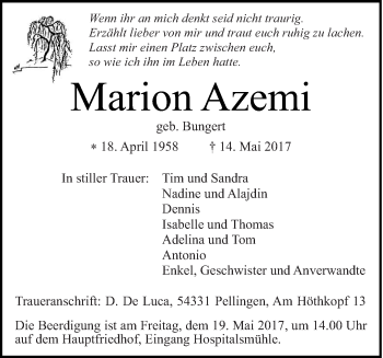 Todesanzeige von Marion Azemi von trierischer_volksfreund