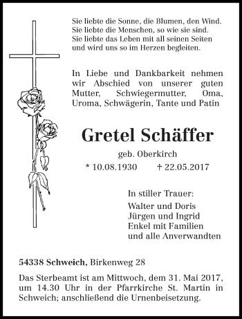Todesanzeige von Gretel Schäffer von trierischer_volksfreund