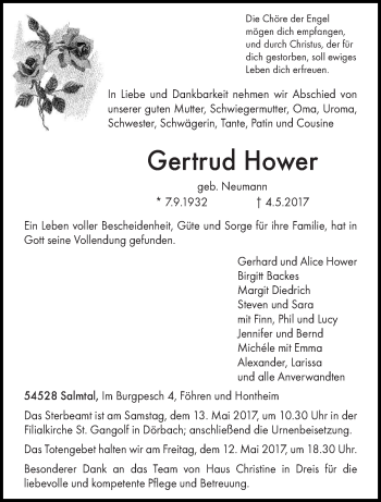 Todesanzeige von Gertrud Hower von trierischer_volksfreund
