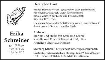 Todesanzeige von Erika Schreiner von trierischer_volksfreund