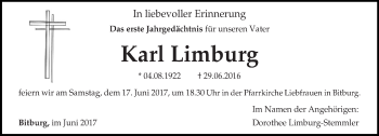 Todesanzeige von Karl Limburg von trierischer_volksfreund
