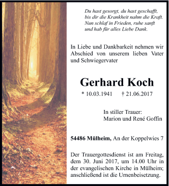 Todesanzeige von Gerhard Koch von trierischer_volksfreund