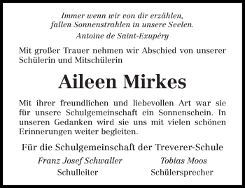 Todesanzeige von Aileen Mirkes von trierischer_volksfreund