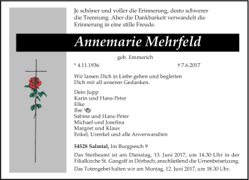 Todesanzeige von Annemarie Mehrfeld von trierischer_volksfreund