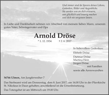 Todesanzeige von Arnold Dröse von trierischer_volksfreund