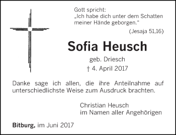 Todesanzeige von Sofia Heusch von trierischer_volksfreund
