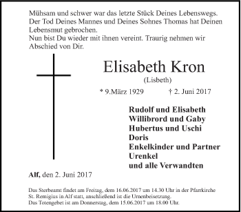 Todesanzeige von Elisabeth Kron von trierischer_volksfreund