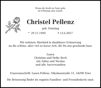Todesanzeige von Christel Pellenz von trierischer_volksfreund