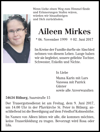 Todesanzeige von Aileen Mirkes von trierischer_volksfreund