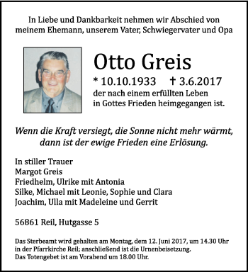 Todesanzeige von Otto Greis von trierischer_volksfreund