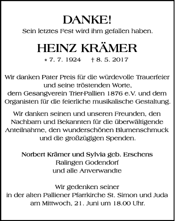 Todesanzeige von Heinz Krämer von trierischer_volksfreund