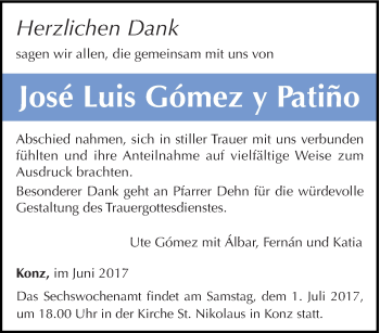 Todesanzeige von Jose Luis Gomez y Patino von trierischer_volksfreund
