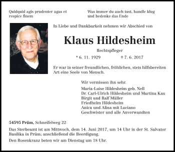 Todesanzeige von Klaus Hildesheim von trierischer_volksfreund