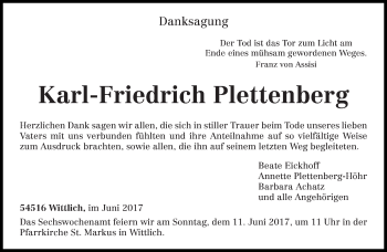Todesanzeige von Karl-Friedrich Plettenberg von trierischer_volksfreund