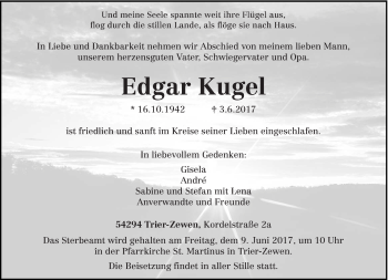 Todesanzeige von Edgar Kugel von trierischer_volksfreund