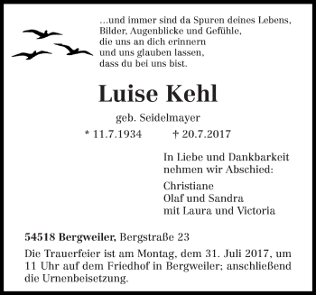 Todesanzeige von Luise Kehl von trierischer_volksfreund