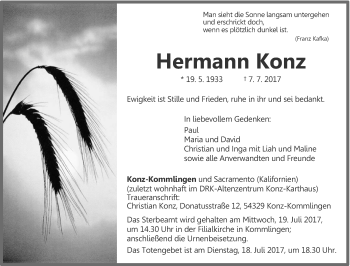 Todesanzeige von Hermann Konz von trierischer_volksfreund