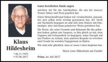 Todesanzeige von Klaus Hildesheim von trierischer_volksfreund