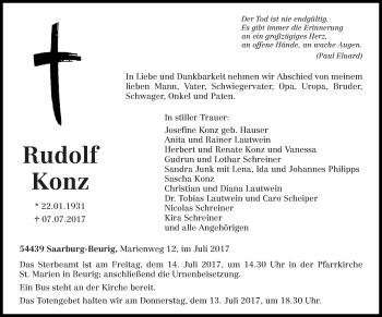 Todesanzeige von Rudolf Konz von trierischer_volksfreund