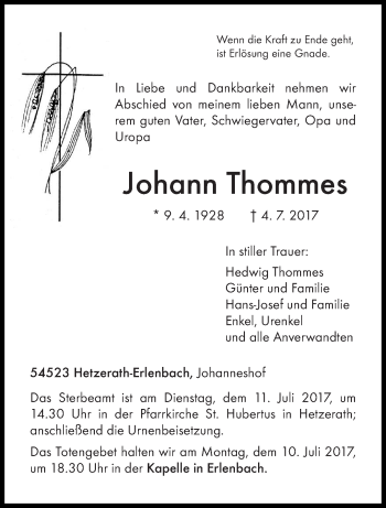 Todesanzeige von Johann Thommes von trierischer_volksfreund