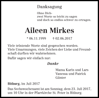 Todesanzeige von Aileen Mirkes von trierischer_volksfreund