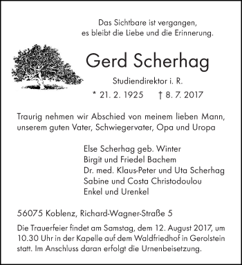 Todesanzeige von Gerd Scherhag von trierischer_volksfreund
