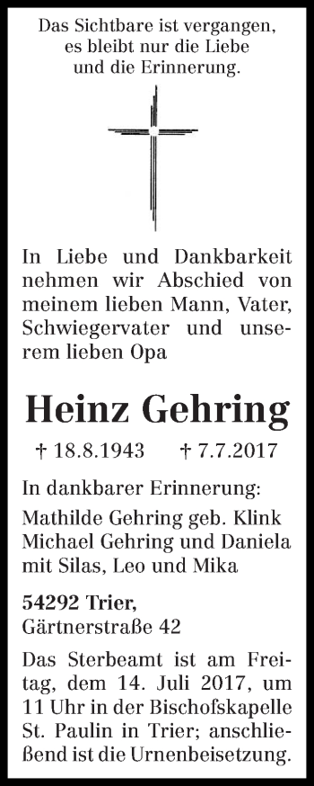 Todesanzeige von Heinz Gehring von trierischer_volksfreund