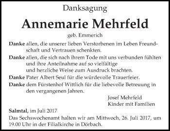 Todesanzeige von Annemarie Mehrfeld von trierischer_volksfreund