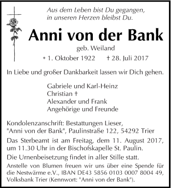 Todesanzeige von Anni von der Bank von trierischer_volksfreund