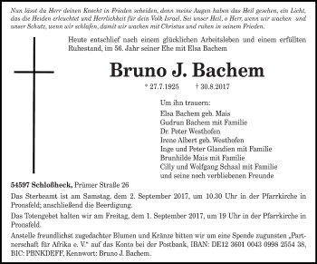Todesanzeige von Bruno J. Bachem von trierischer_volksfreund
