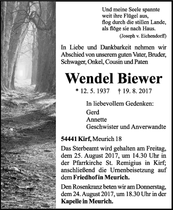 Todesanzeige von Wendel Biewer von trierischer_volksfreund