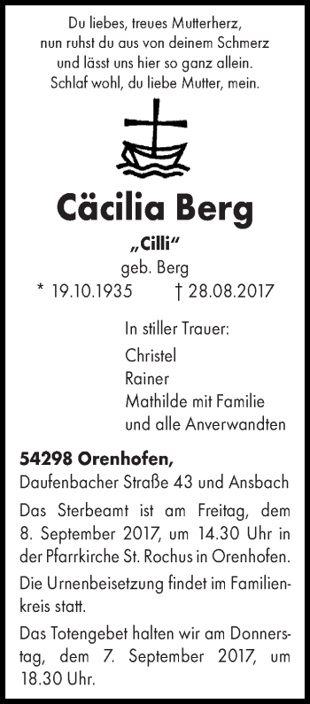 Todesanzeige von Cäcilia Berg von trierischer_volksfreund