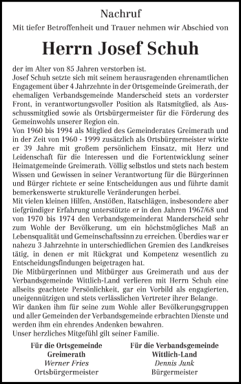 Todesanzeige von Josef Schuh von trierischer_volksfreund