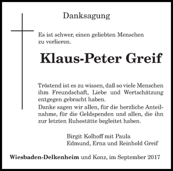 Todesanzeige von Klaus-Peter Greif von trierischer_volksfreund