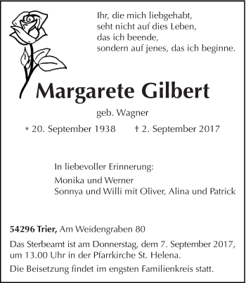 Todesanzeige von Margarete Gilbert von trierischer_volksfreund