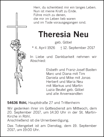Todesanzeige von Theresia Neu von trierischer_volksfreund