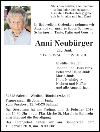 Todesanzeige von Anni Neubürger von trierischer_volksfreund