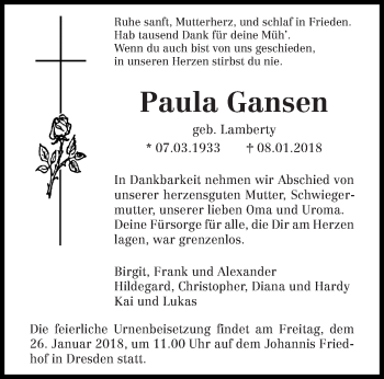 Todesanzeige von Paula Gansen von trierischer_volksfreund