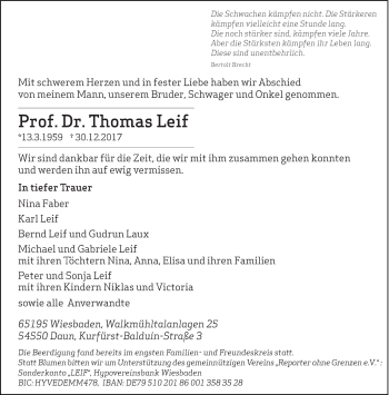 Todesanzeige von Thomas Leif von trierischer_volksfreund